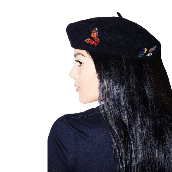 VHTF: Valfre ☻︎ Social Butterfly Embroidered Beret Hat ☻︎ Black Wool ☻︎ Colorful - Picture 3 of 17